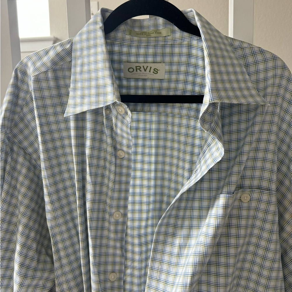 Orvis Men's White and Blue Plaid Shirt